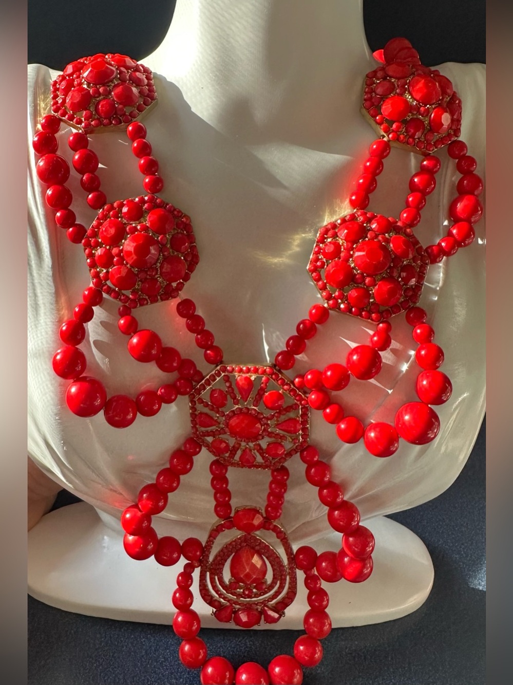 LESLIE DANZIE Red & Gold Beaded Chandelier Statement Necklace